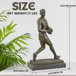 Bronze rugby player statue #43 jersey front view, athletic male figure on black marble base