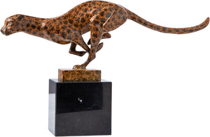 12.6-inch bronze running cheetah statue handmade lost-wax cast on black marble base, front view