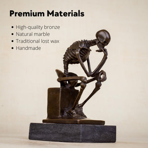 Bronze skeleton Thinker statue in brown bronze finish Rodin inspiration feature card