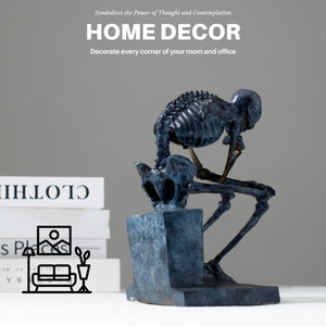 Bronze skeleton Thinker statue home decor feature card highlighting decorative use