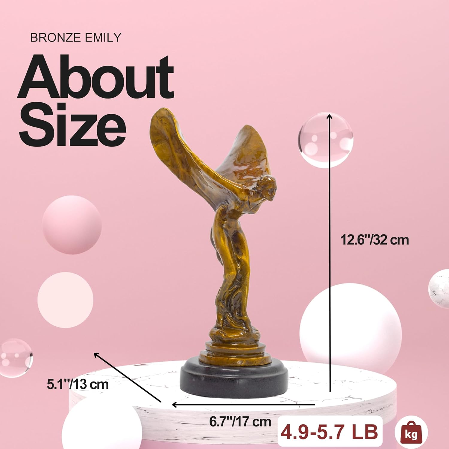 Bronze Spirit of Ecstasy flying lady figurine about size reference showing 13 inch height and 4.5 to 5.7 lbs weight