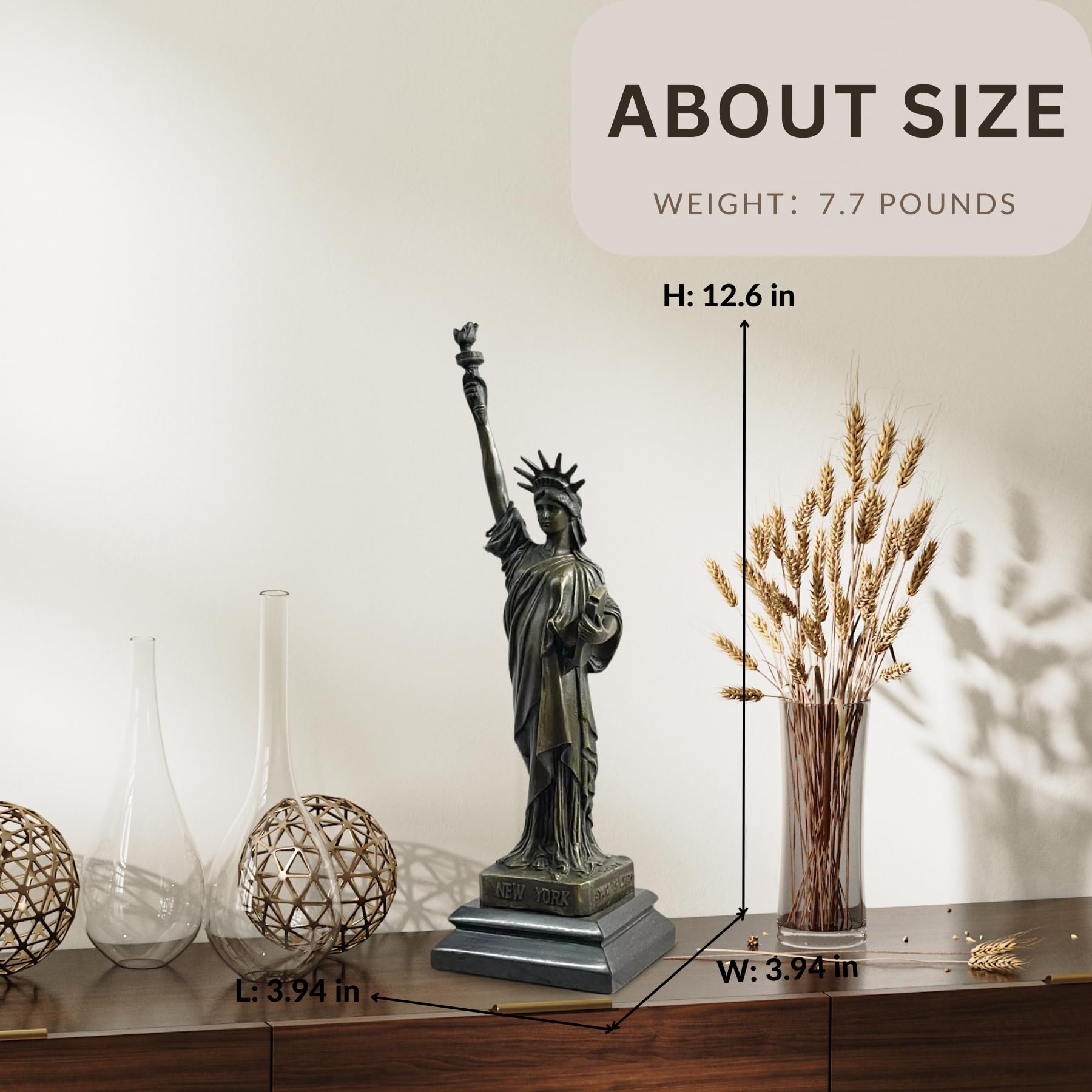 Bronze Statue of Liberty size reference showing 12.6 inch height and 4.4 lbs weight measurements