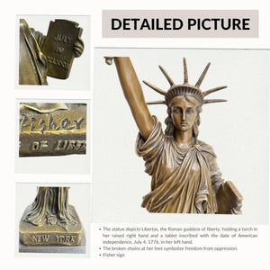 Detailed close-up of bronze Statue of Liberty showing face crown torch and New York base inscription