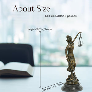 Second size reference of bronze Themis Lady Justice statue showing height and base dimension details