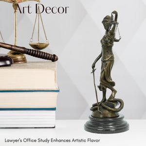 Bronze Themis Lady Justice statue displayed as art decor on stacked law books in office setting