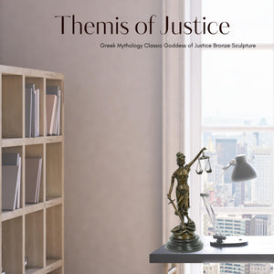 Second angle of bronze Themis Lady Justice statue in bookshelf library interior office setting