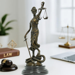 Bronze Themis Lady Justice statue with scales displayed on lawyer desk alongside law book and gavel