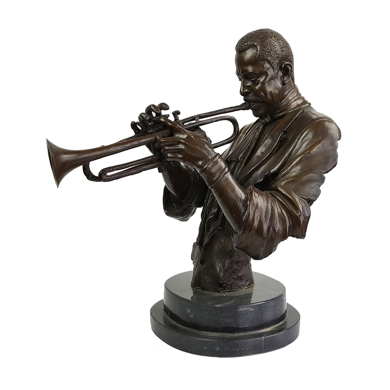 Bronze trumpeter bust sculpture playing trumpet, front view on white background