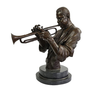 Bronze trumpeter bust sculpture playing trumpet, front view on white background