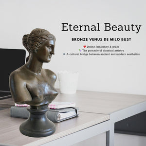 Bronze Venus de Milo bust statue eternal beauty Greek goddess theme displayed on desk