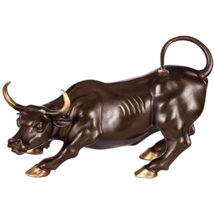 Handcrafted brown Wall Street bull with polished gold horns and hooves.