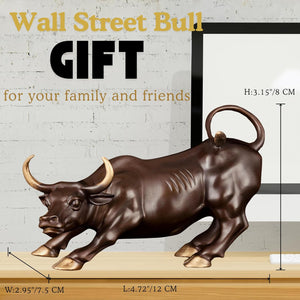 Side profile of the brown brass bull statue featuring gold-accented hooves.
