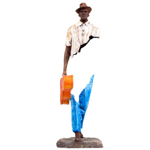 Front view of "Les Voyageurs" Musician bronze sculpture with a vibrant orange guitar case