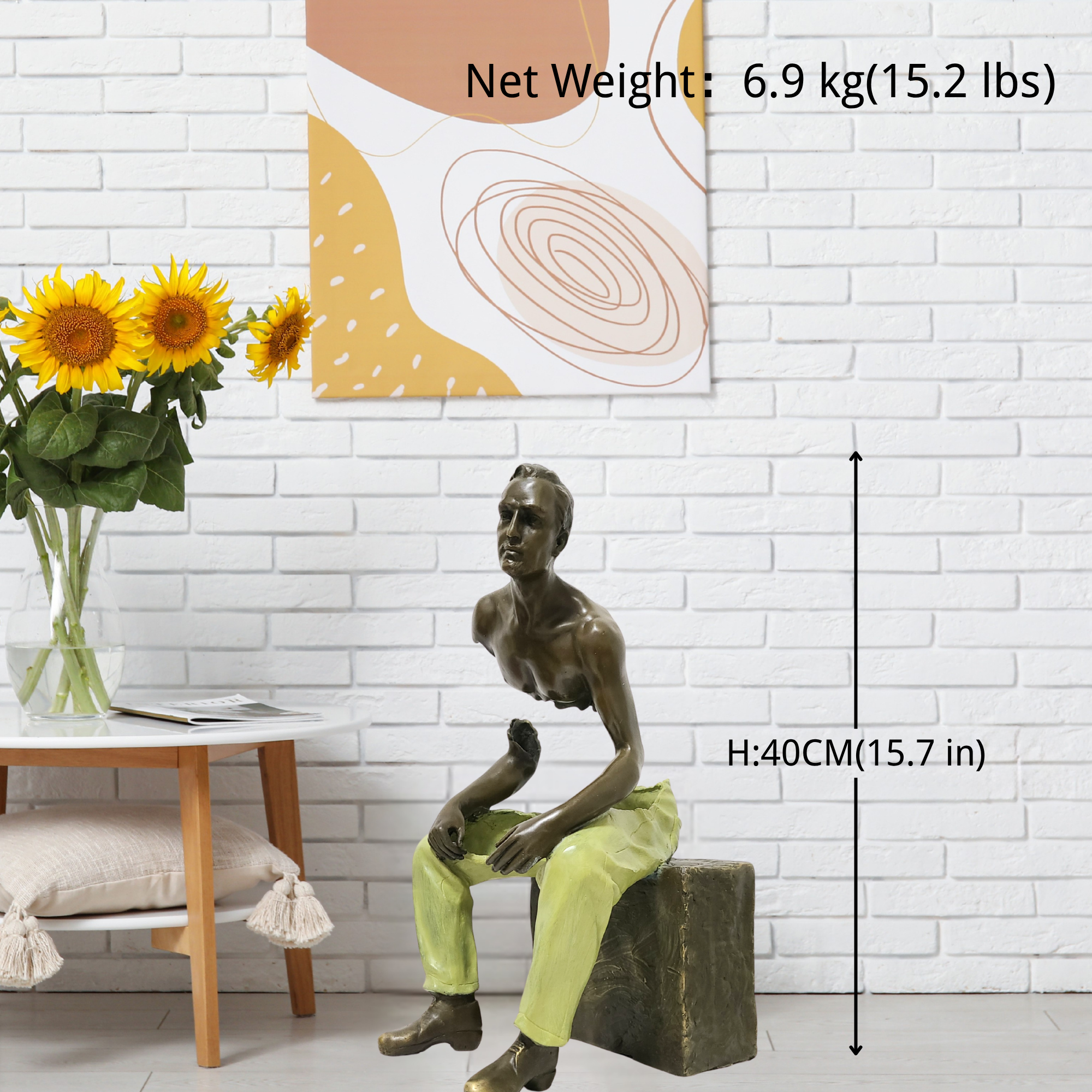Les Voyageurs seated bronze sculpture size chart showing 40cm height and 6.9kg weight