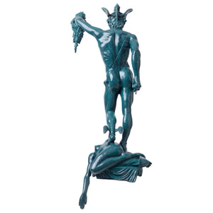 Front detail view of large blue verdigris Cellini Perseus Medusa bronze mythology sculpture
