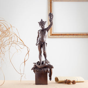 Right view of dark brown patina Perseus holding Medusa head bronze sculpture