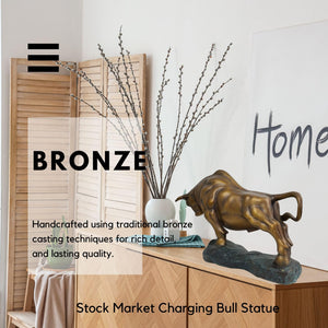 Antique bronze charging bull sculpture, side profile display.