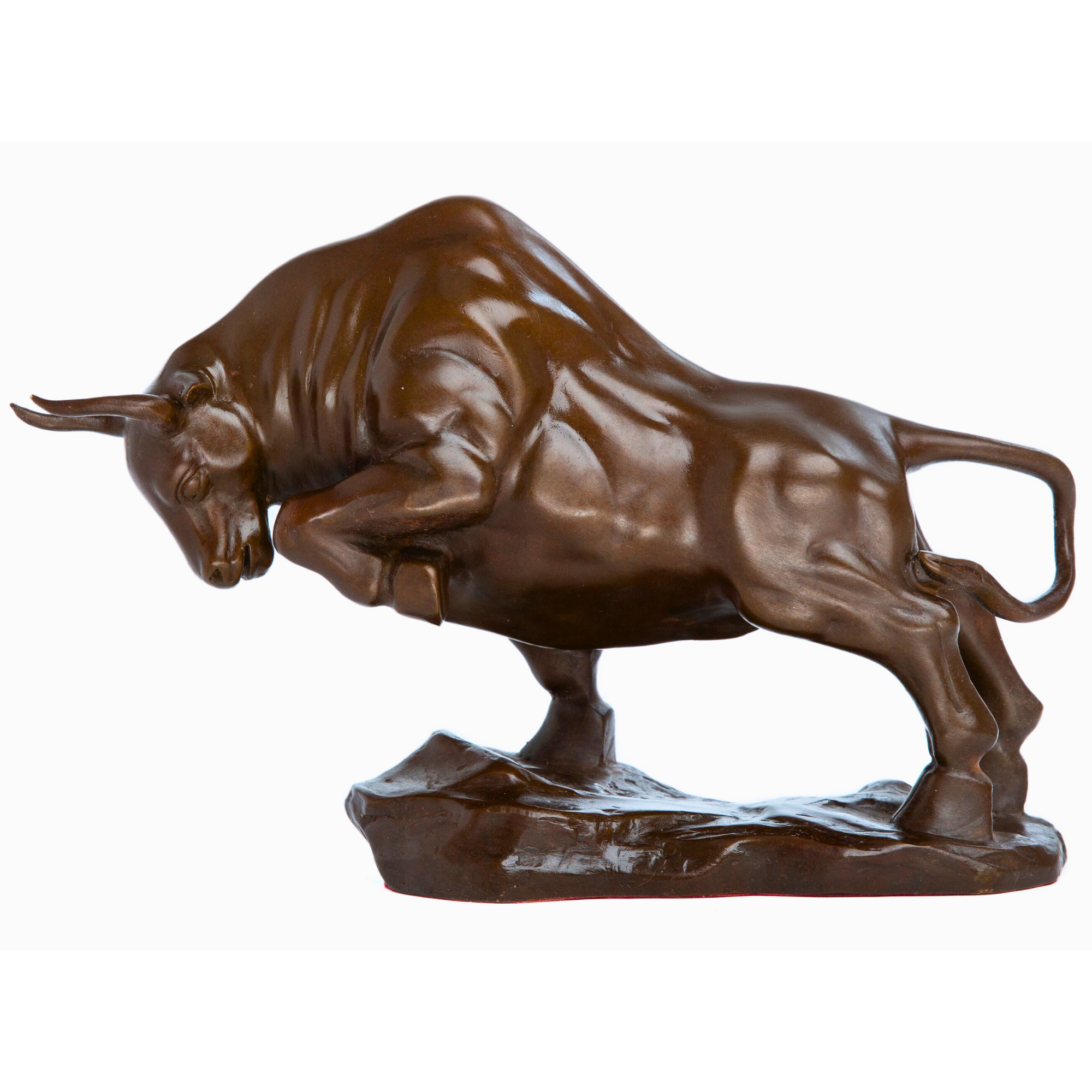 Handcrafted bronze charging bull statue, front view.