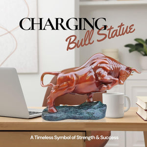 Charging bull sculpture in orange-red, side angle view.