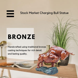 Orange-red charging bull sculpture, side profile display.