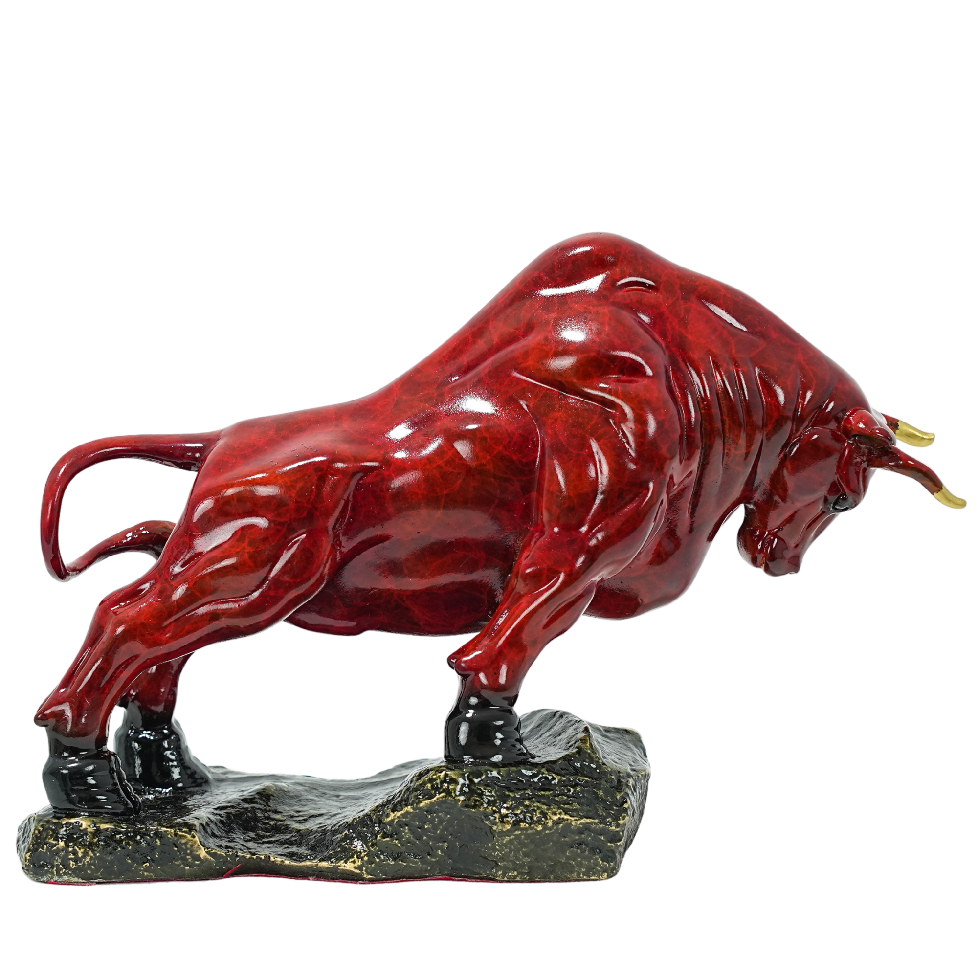 8.3-inch red bronze charging bull sculpture, front view.