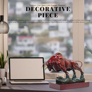 Premium red bronze charging bull on wood base, angle.