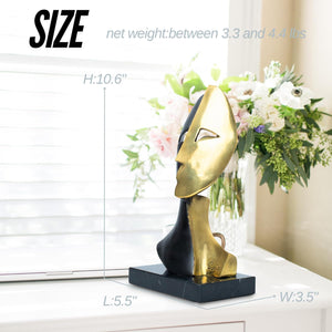 10.6-inch cubist mask bronze sculpture gold and black two-tone on marble base with size dimension reference