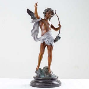 Cupid bronze sculpture classic patina with bow full view marble base white background