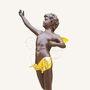 Cupid bronze sculpture yellow wing accent back view full body detail