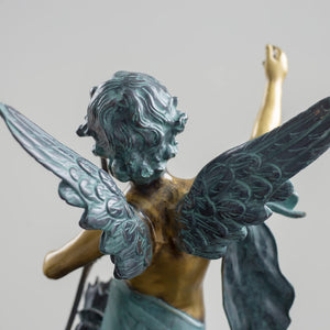 Cupid bronze sculpture yellow wing accent front view white background