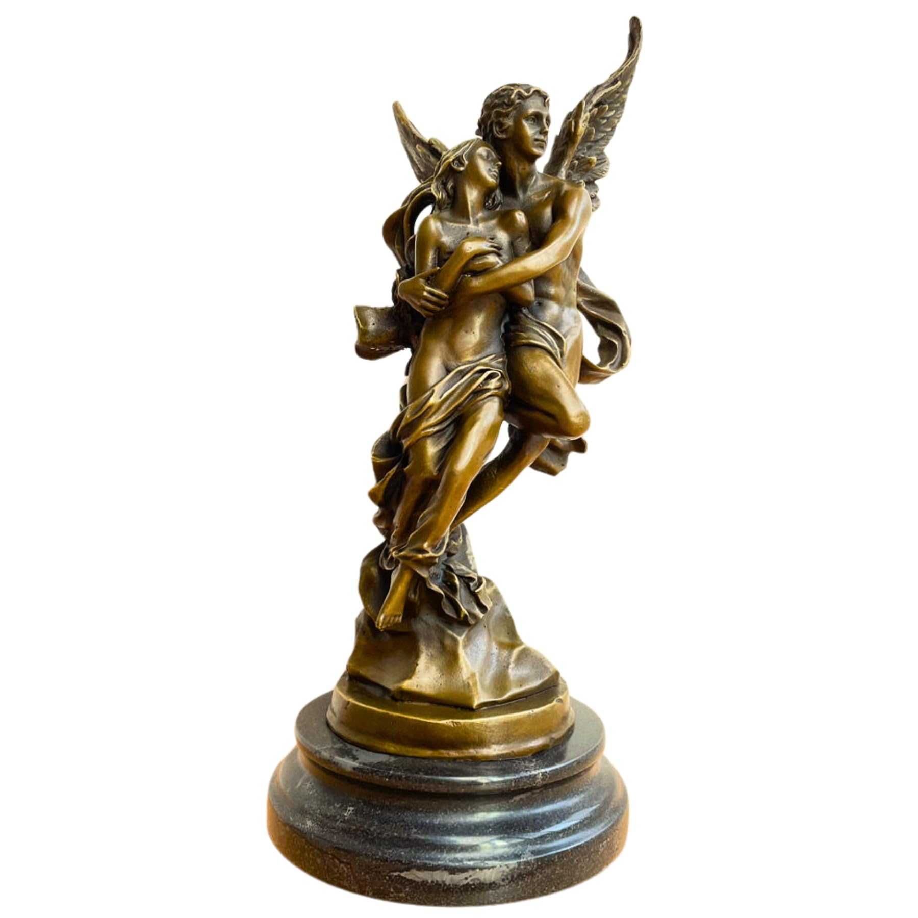 Cupid Psyche bronze sculpture style 2 gold patina marble base front view