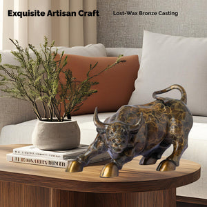Back view showing the unique artistic pattern on the bronze bull sculpture