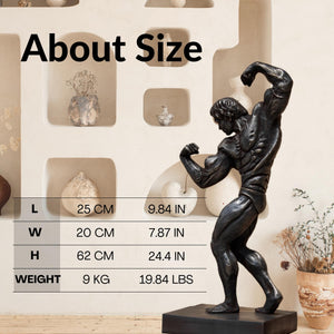Dark bodybuilder bronze statue size chart showing 62cm height, 20lbs solid bronze weight