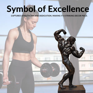 Dark patina bodybuilder bronze sculpture as symbol of excellence with fitness athlete for scale