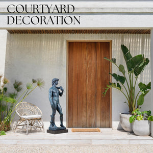 David modern bronze statue placed beside wooden door as courtyard decoration outdoor display