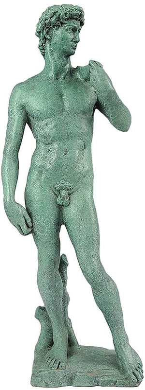 David modern sculpture in green patina finish, front view on black marble base