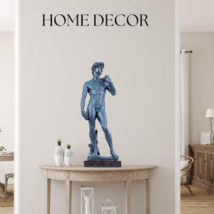 Michelangelo David modern bronze statue displayed in living room entryway as large floor sculpture