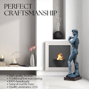 Back view of David modern bronze statue in teal finish showing sculptural detail and base