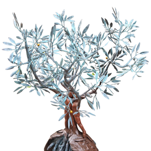 A high-detail close-up of the upper crown and trunk of the handcrafted bronze olive tree and embracing couple sculpture, highlighting the intricate verdigris leaf textures and the loving human figures.