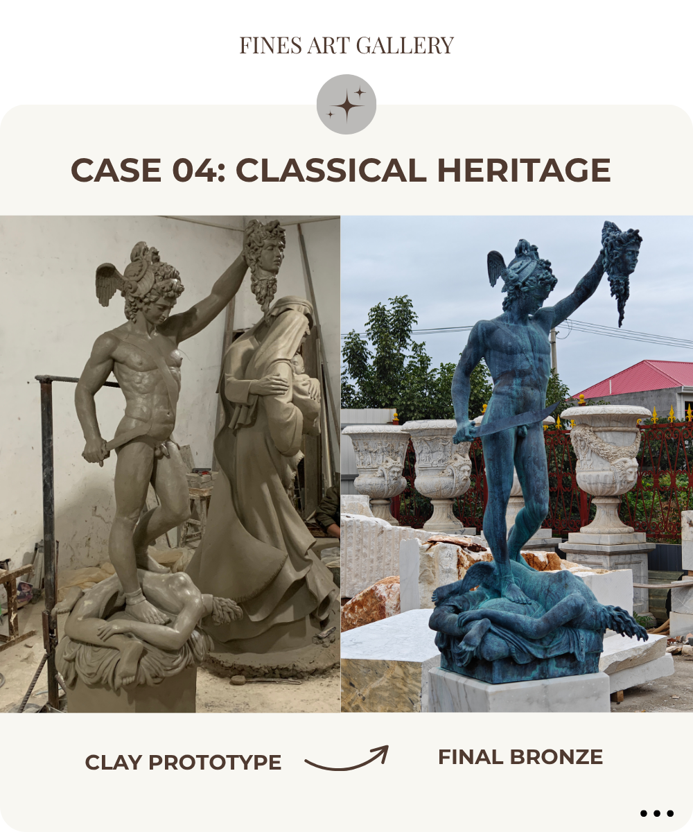 Classical museum reproduction bronze: Clay work vs. completed statue - Fine's Art Gallery