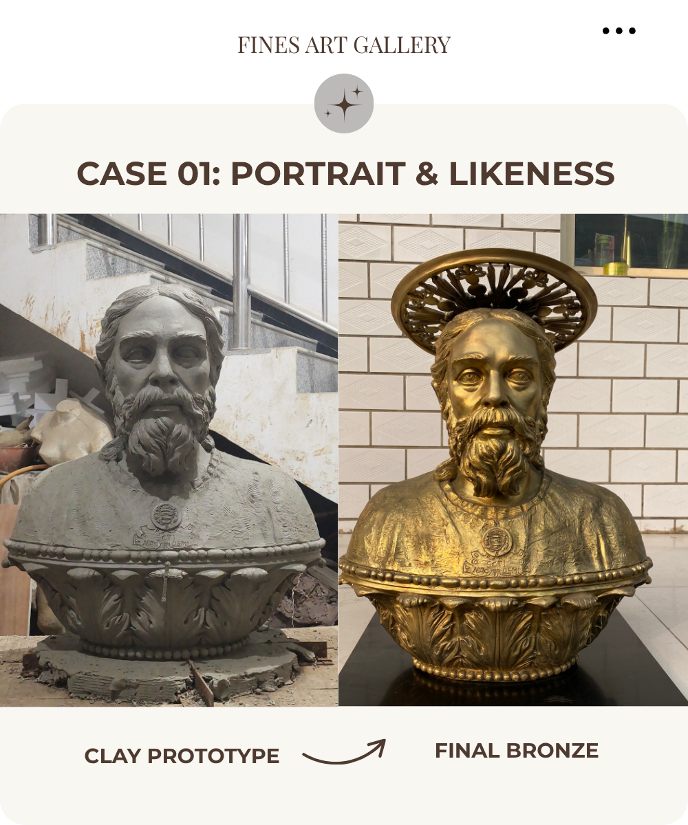 Custom bronze portrait sculpture: Clay prototype vs. finished bronze - Fine's Art Gallery