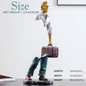 Side view profile of the fragmented gray bronze traveler statue showing hollow design.