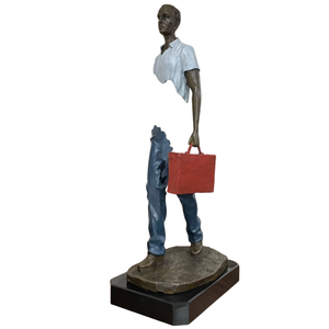 Side profile of the 24.8 inch hollowed-out bronze traveler statue in greyish white.