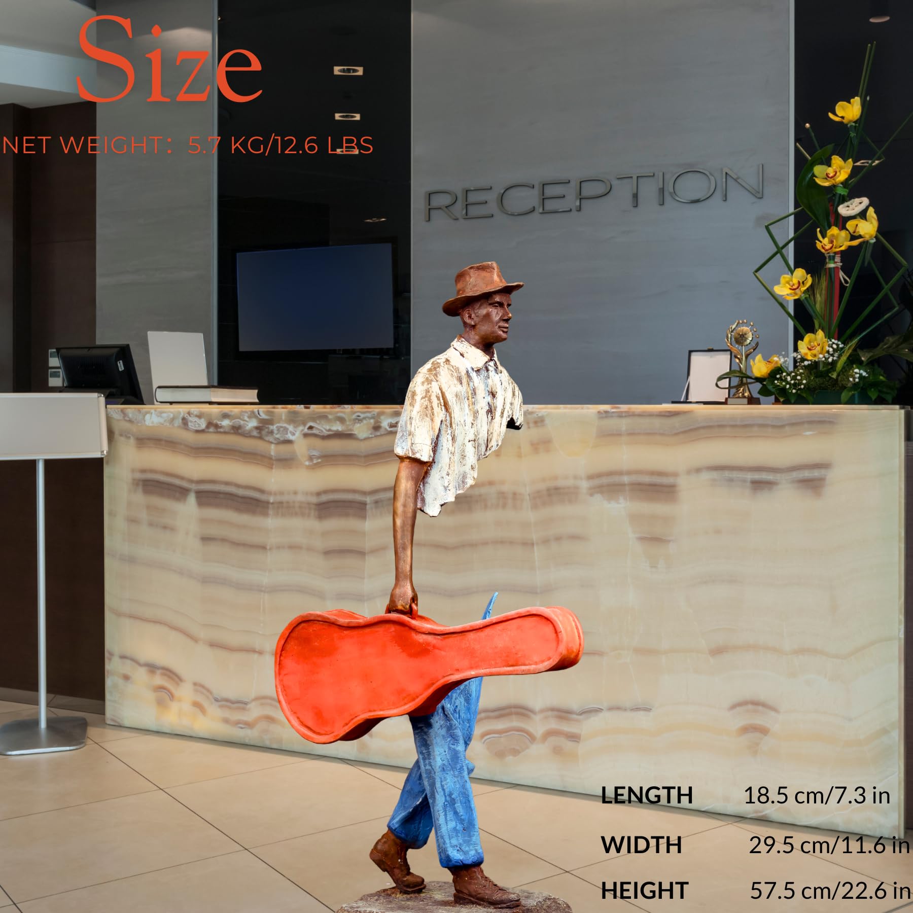 Side view of the fragmented bronze musician statue highlighting the surrealist hollow body.