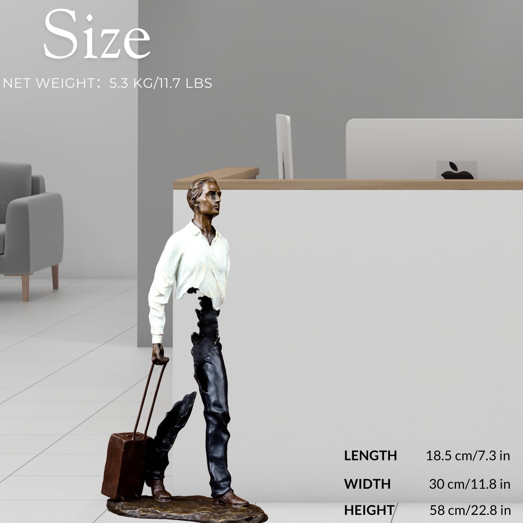 Side view of the fragmented traveler bronze statue highlighting the surrealist hollow design.