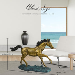 Galloping bronze horse sculpture about size reference displayed in living room with ocean view background