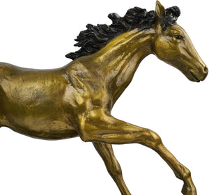 Close-up detail of golden bronze galloping horse sculpture head showing black mane and facial features