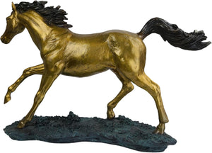 Golden bronze galloping horse sculpture back angle view on white background showing tail and mane detail