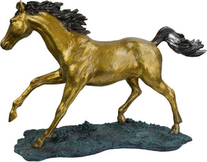 Golden bronze galloping horse sculpture front angle view on white background showing flowing black mane