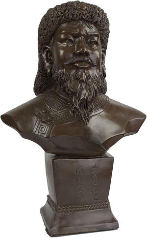 18.1-inch bronze Genghis Khan bust statue Great Khan of the Mongol Empire, front view on white background